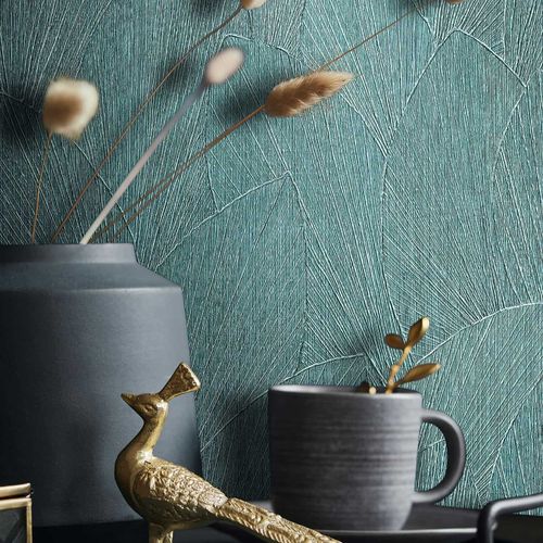 Vliestapete Blattmuster Struktur Petrol 35376 Raum