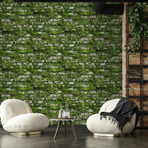 Vliestapete Steinoptik Moos 3D-Effekt Grün Grau 45731 Raum
