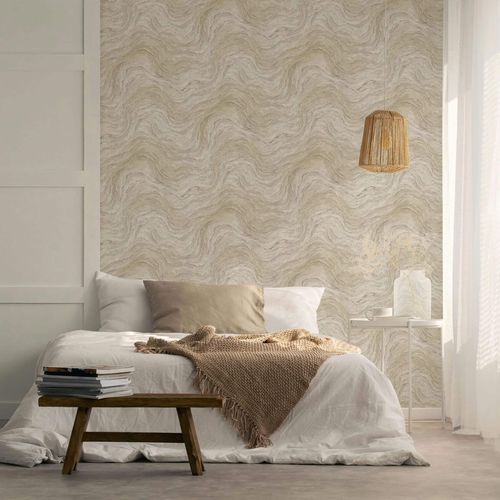 Vliestapete Marmoroptik Wellen Beige Grau 45757 Raum