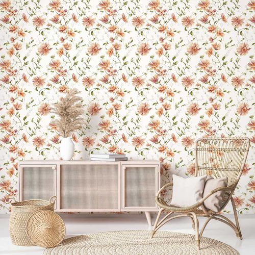 Vliestapete Blumen Blätter Weiß Orange Grün 89023 Zimmer