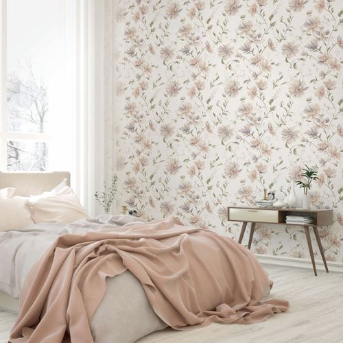 Vliestapete Blumen Blätter Weiß Beige Grün 89024 Zimmer