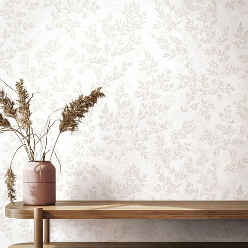 Vliestapete Floral Blätter Zweige Creme Beige 89028 Zimmer