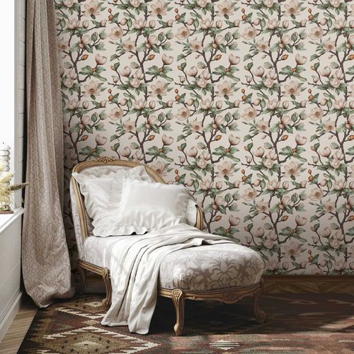 Vliestapete Blumen Zweige Creme Beige Grün 89034 Zimmer