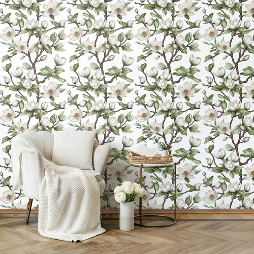 Vliestapete Blumen Zweige Weiß Grün Braun 89038 Zimmer
