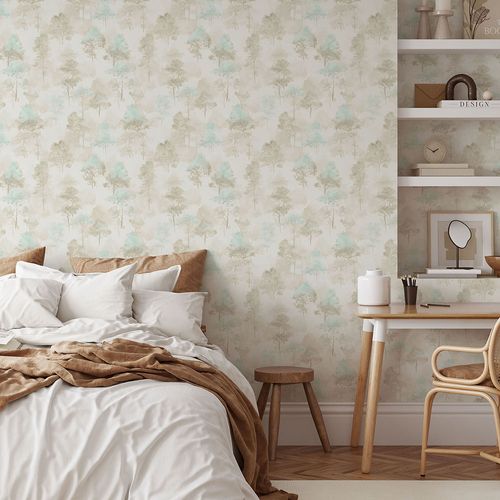 Vliestapete Bäume Wald Creme Braun Blau 10557-02 Raum